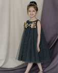 Hand Embroidered Metallic Bow Charcoal Black Dress