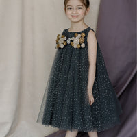 Hand Embroidered Metallic Bow Charcoal Black Dress